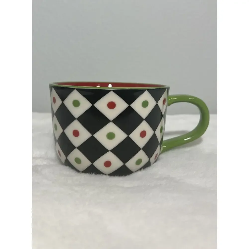 Pier 1 Imports Christmas Stoneware Coffee Mug Cup Harlequin Diamonds Check‎ Dots